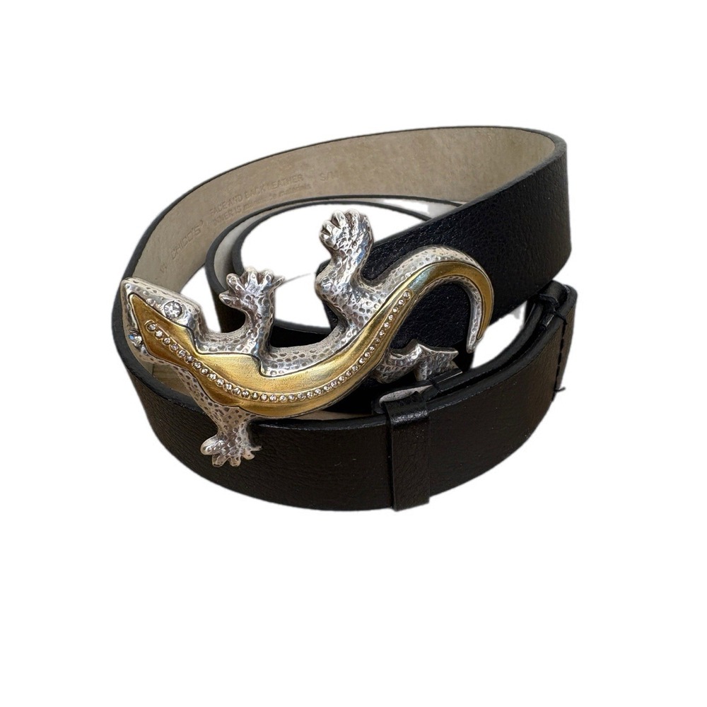 Vintage Chicos Black Leather Gecko Belt Womens Size S/M‎ Silver Gold Embellished